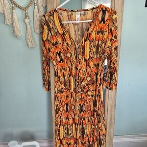 Emma & Michele Orange and Yellow Ikat Wrap-Style Long Sleeve Dress